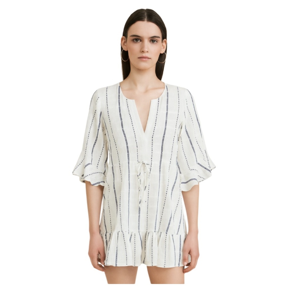 BCBGMAXAZRIA Striped Cotton Ruffle Sleeve
Tunic Dress - White/Navy - Size XS